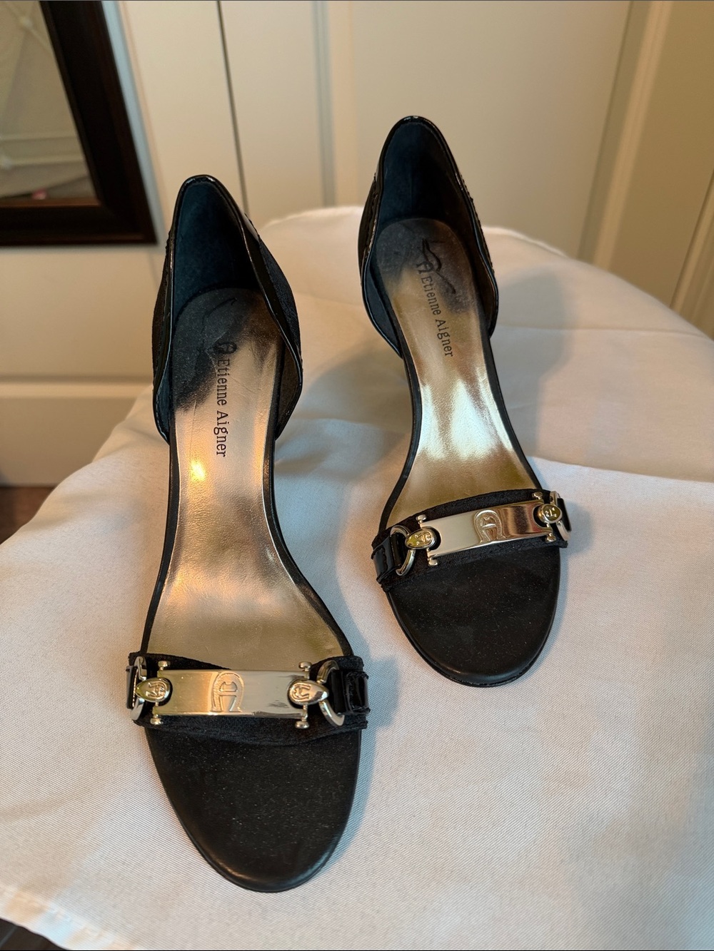 Etienne Aigner Black Open-Toe Heels with Gold Accent